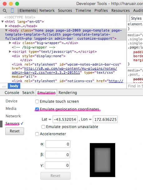 emulate geolcation coordinates